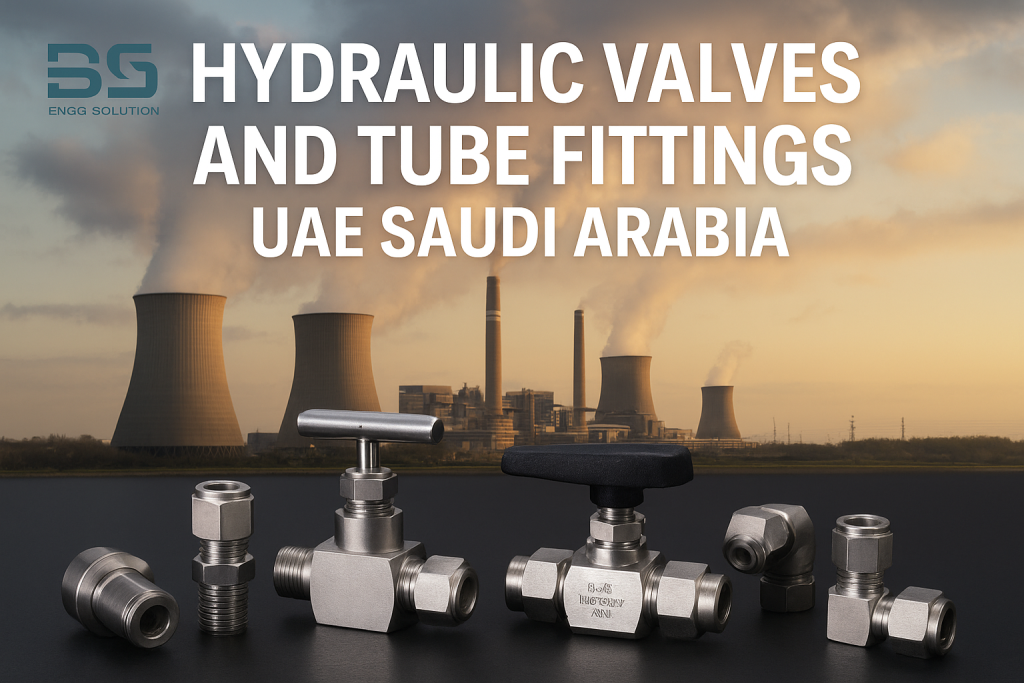 Hydraulic Valves and Tube Fittings UAE Saudi Arabia with stainless steel instrumentation valves, compression fittings, and power plant background by BSG Engg Solution